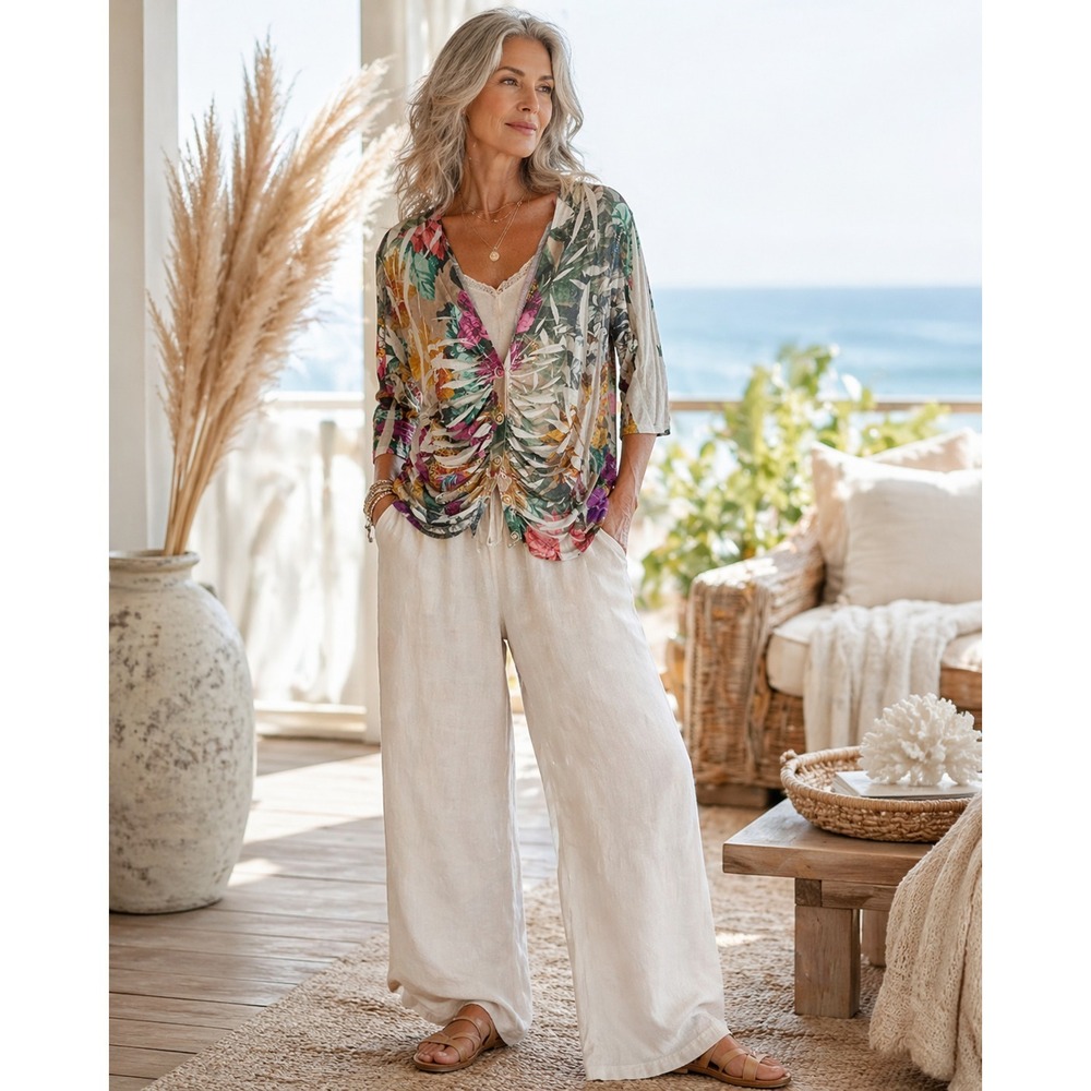 Susan Lawrence Floral Button Front Cardigan‎ Top Womens XL White Cotton Tropical